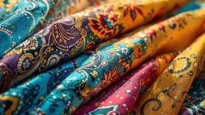 Vue détaillée d'un tissu jacquard montrant ses motifs colorés et sa texture riche