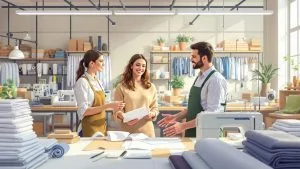 Deux créateurs de mode discutent avec un atelier textile dans une usine de fabrication moderne