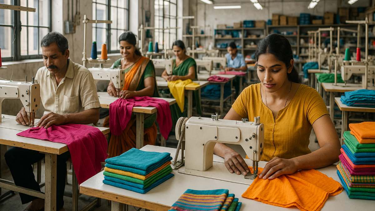 Vue intérieure d’un atelier de couture industrielle avec machines textiles et artisans au travail