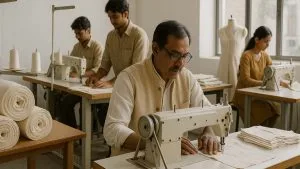 Vue d’un atelier textile produisant en petite quantité, avec des artisans au travail