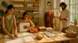 Atelier textile en Inde chez Alaya Fabrics avec des artisans au travail