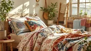 Scène conviviale avec linge de lit et de cuisine en coton bio, produits éthiques d’Alaya Fabrics