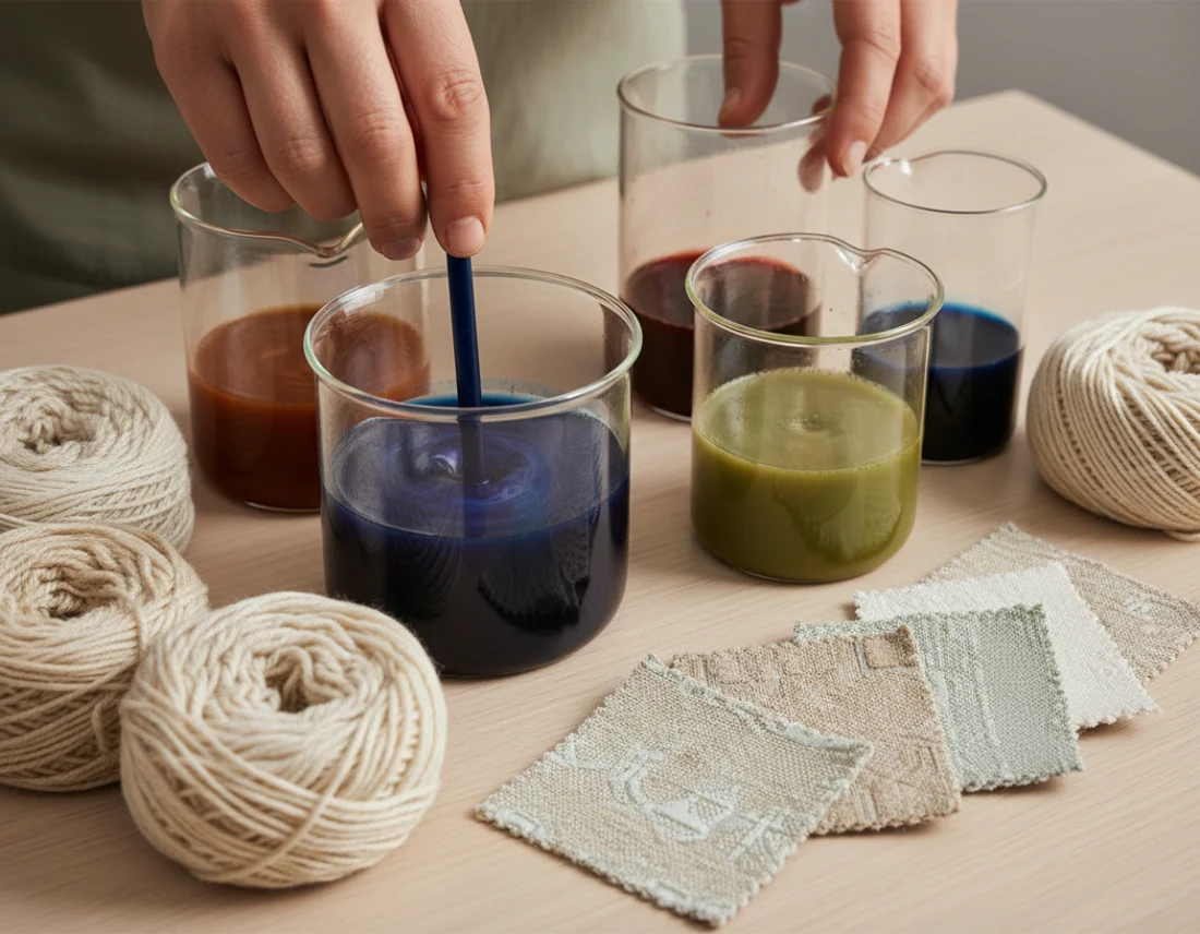 Mains mélangeant des colorants végétaux dans des béchers avec des échantillons de fil et tissu Jacquard teints de couleurs naturelles 'Cloud Dancer' et terreuses.