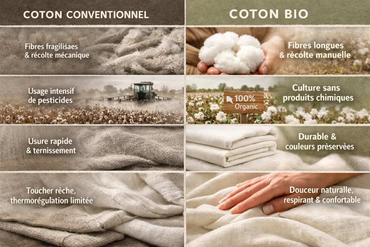 Comparaison visuelle entre linge de lit en coton biologique et coton conventionnel, mettant en évidence la qualité des fibres, la durabilité et le confort