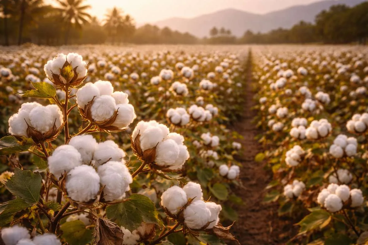 Champ de cotonniers biologiques en fleur au Tamil Nadu en Inde, capsules de coton blanc ouvertes à maturité sur les plants de Gossypium hirsutum, culture certifiée GOTS
