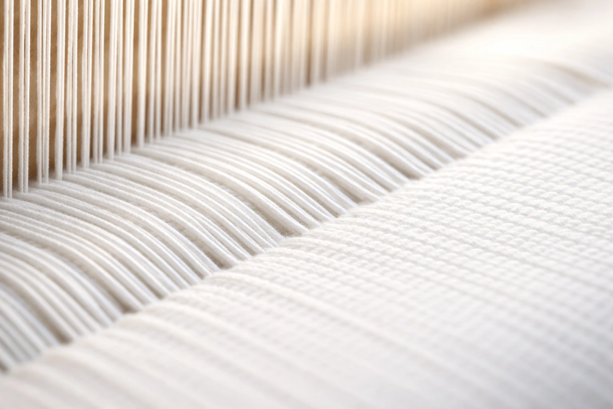 Gros plan sur des fils de chaîne en coton biologique blanc tendus sur un métier à tisser, formation d'un tissu en armure toile percale pour textile médical certifié GOTS