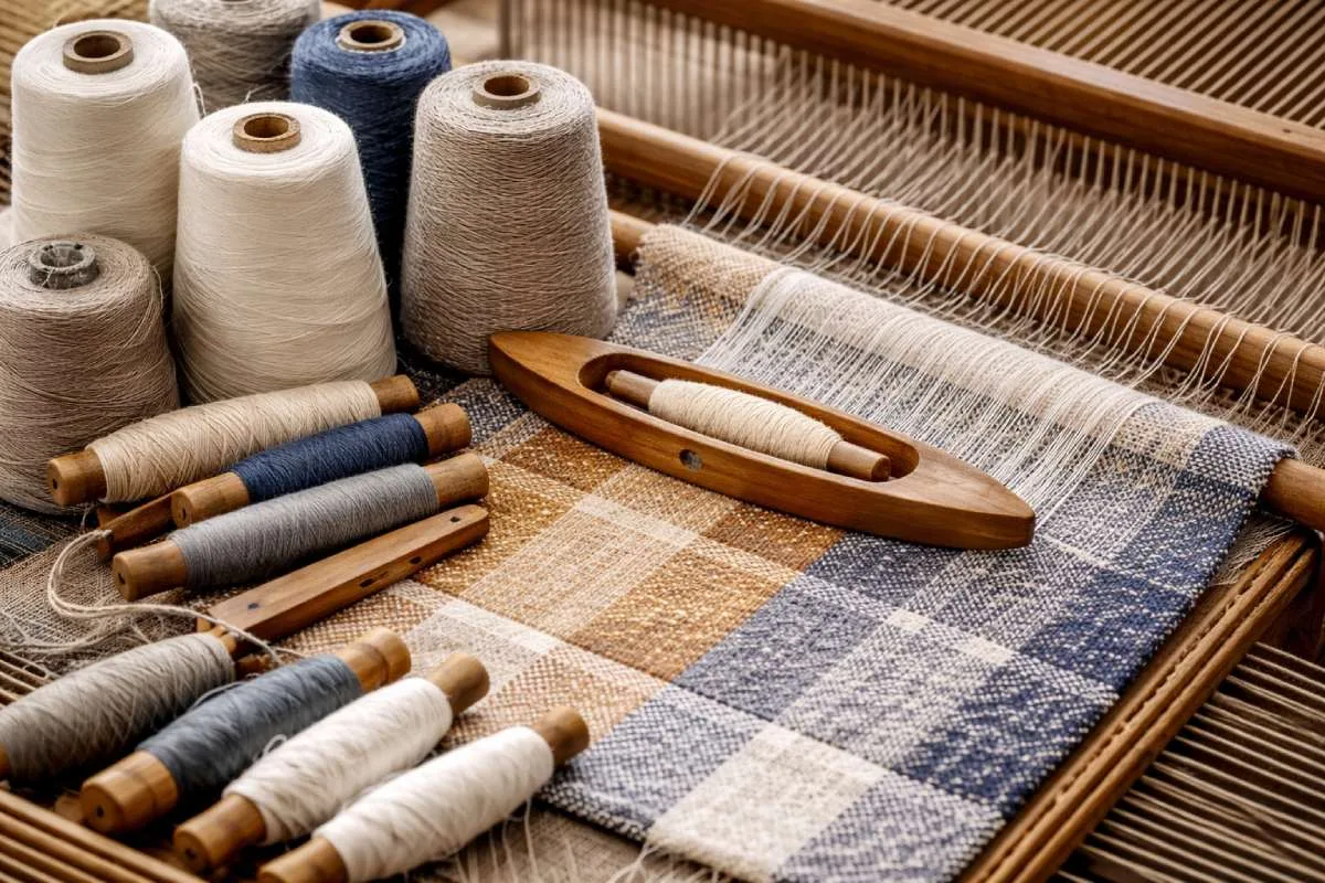 Photo d’un métier à tisser avec bobines de fils écrus, beiges et bleus, navette en bois et échantillons de tissages toile, sergé et jacquard disposés en gros plan.