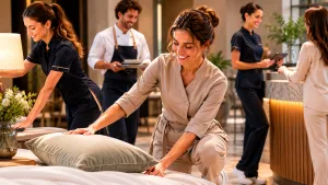 Équipe professionnelle portant des tenues de travail confortables dans un environnement d’hôtellerie