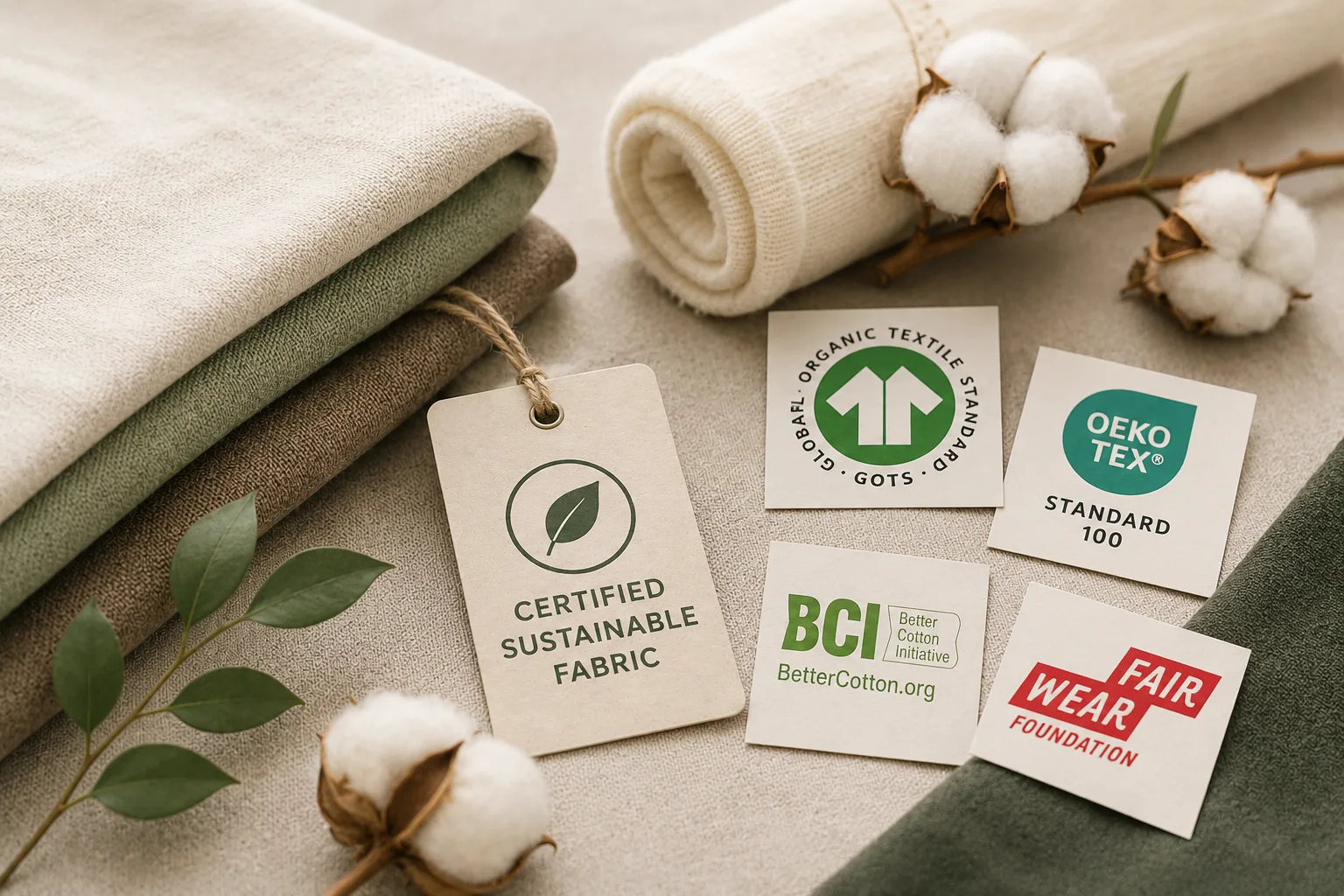 Tissus naturels avec étiquettes de certification textile et coton biologique