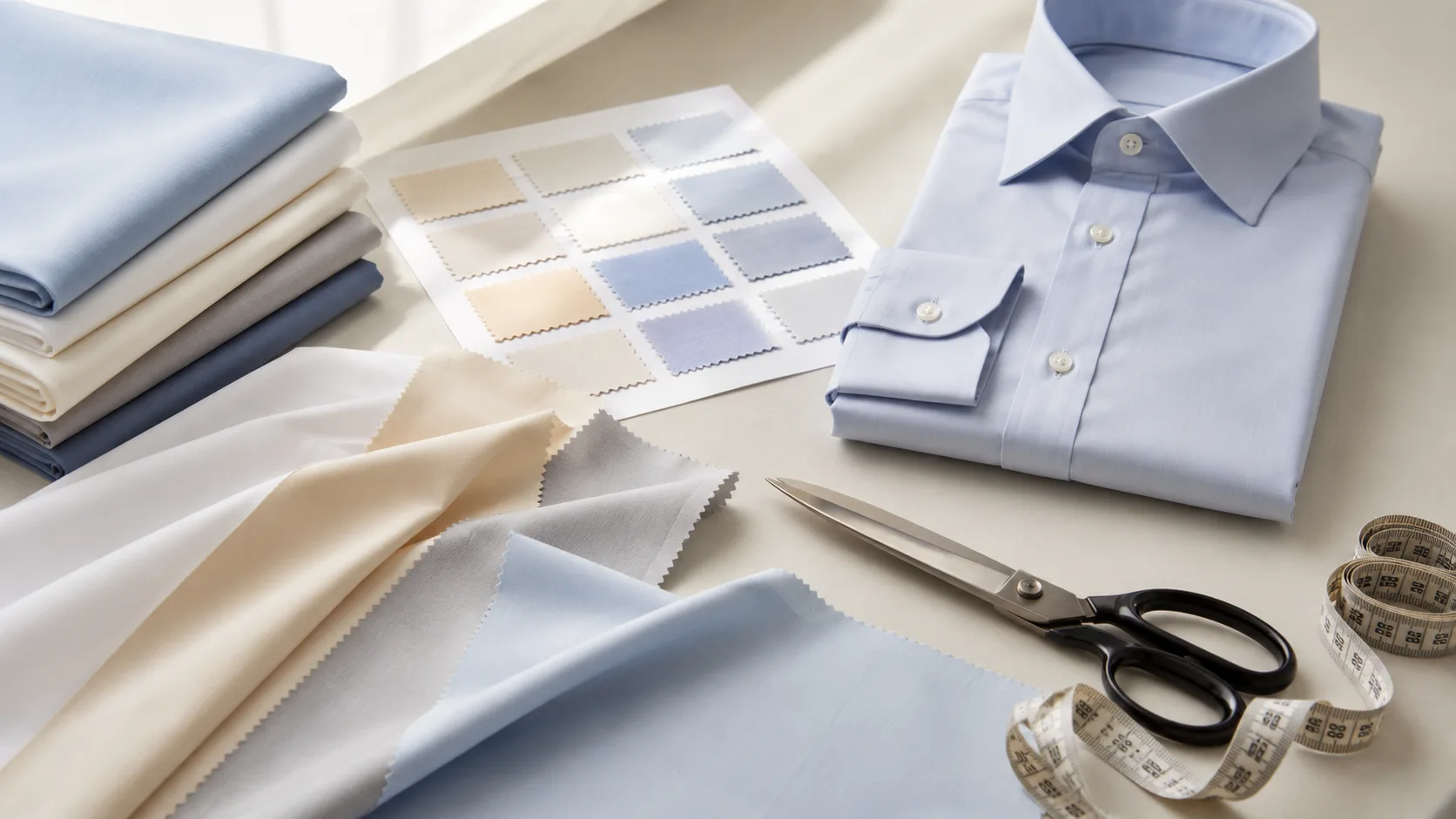 Échantillons de popeline disposés proprement sur une table claire, avec nuancier textile, ciseaux, mètre, chemise.