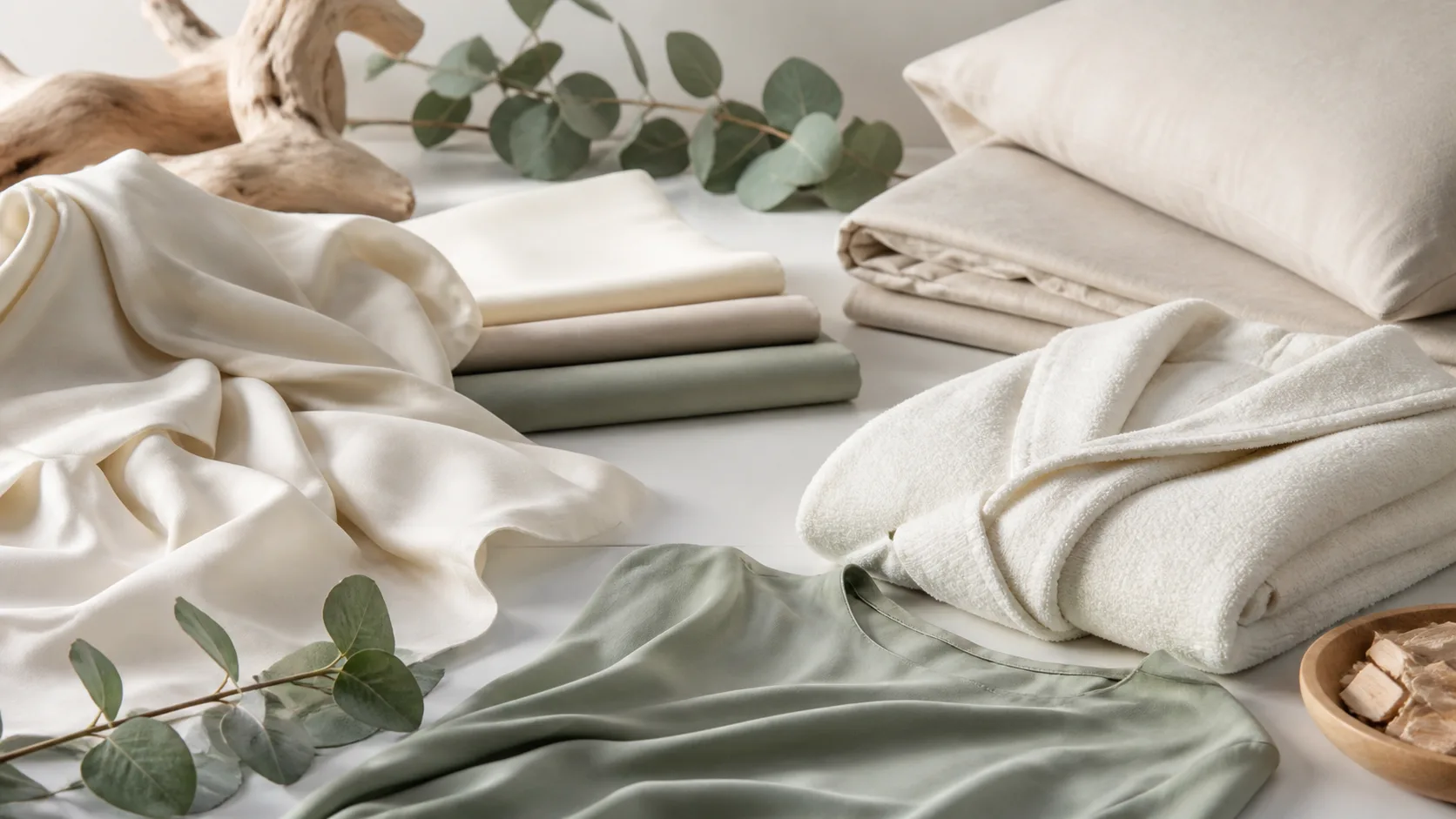 Tissus en lyocell doux et fluides présentés avec du linge professionnel, une blouse et des éléments végétaux naturels.