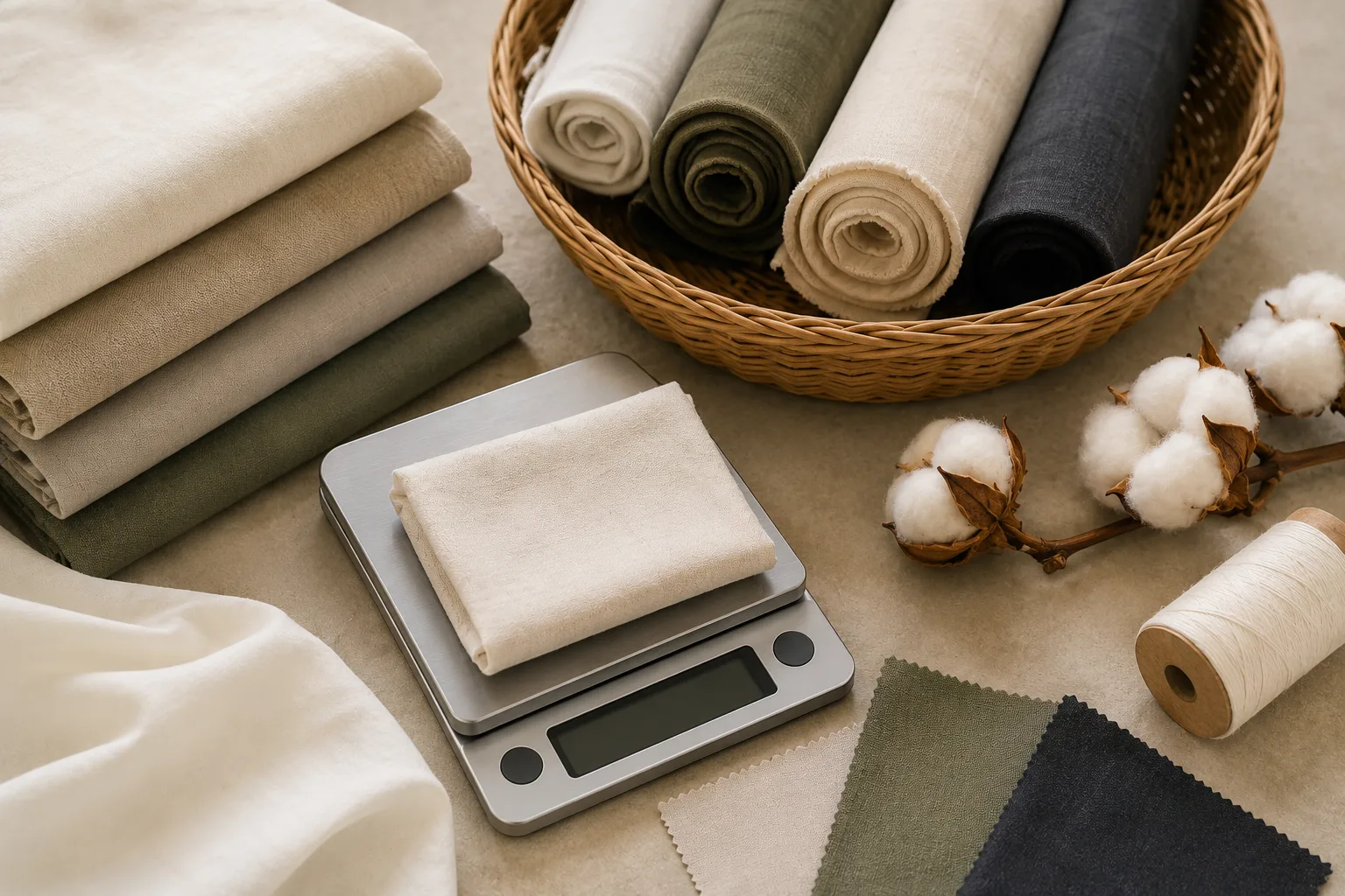 Tissus naturels posés sur une balance pour illustrer le grammage textile