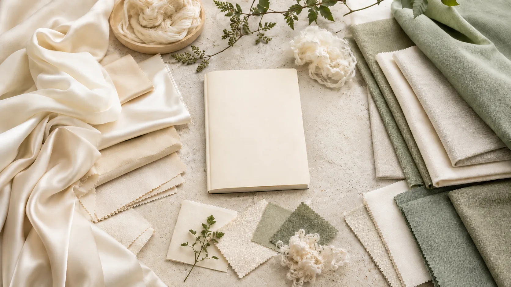 Échantillons de viscose fluide et de lyocell mat disposés sur une table de sourcing textile avec fibres végétales naturelles.