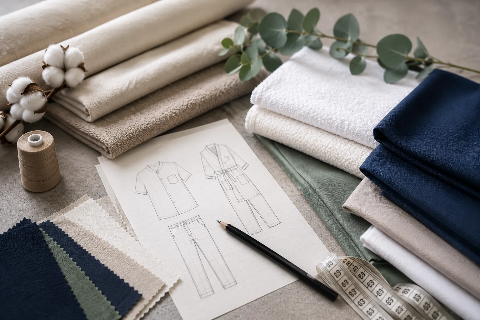 Création textile B2B sur mesure avec tissus, croquis de vêtements et matières durables