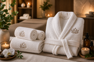 Peignoir et serviettes avec broderie personnalisée dans un spa haut de gamme