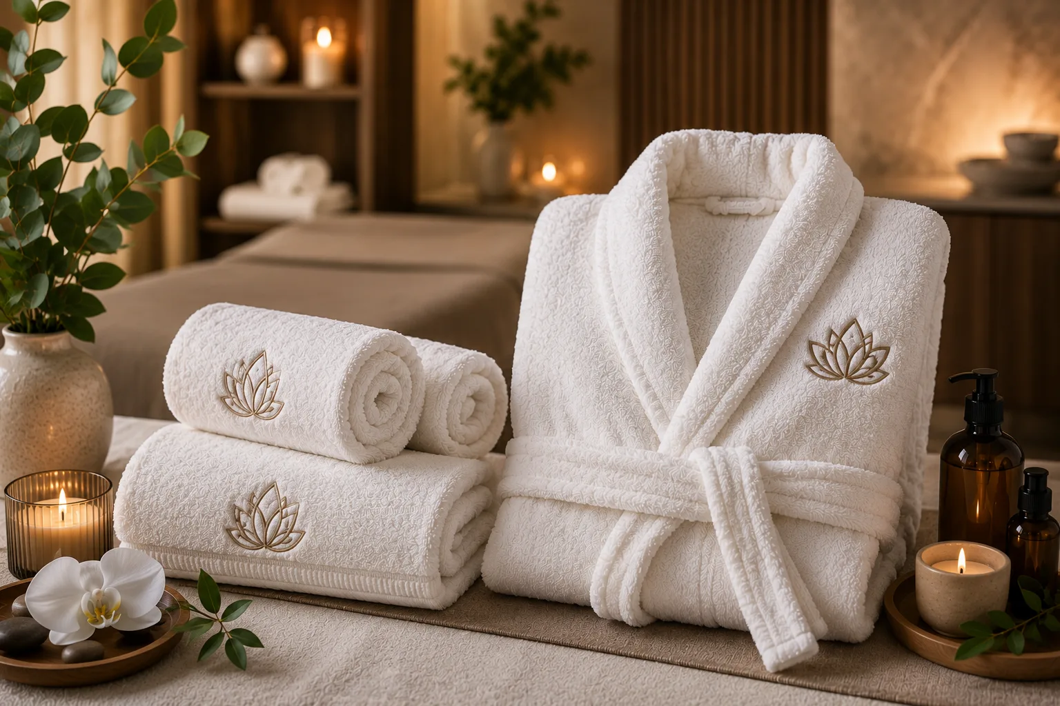 Peignoir et serviettes avec broderie personnalisée dans un spa haut de gamme