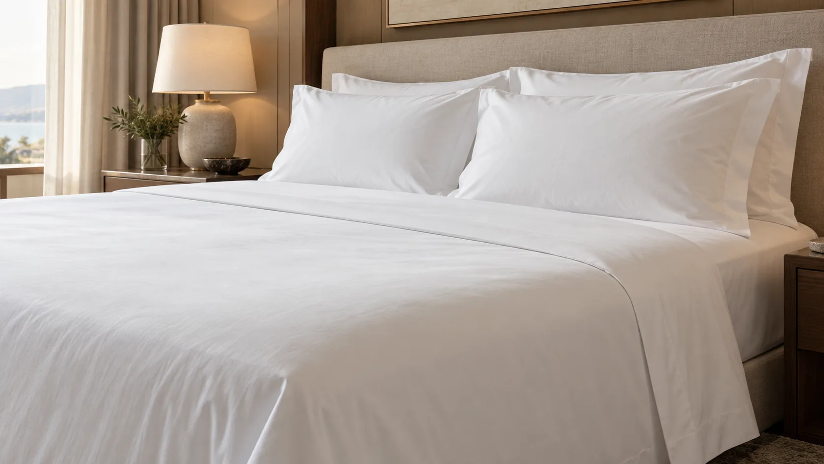 Lit d’hôtel avec draps blancs en percale de coton