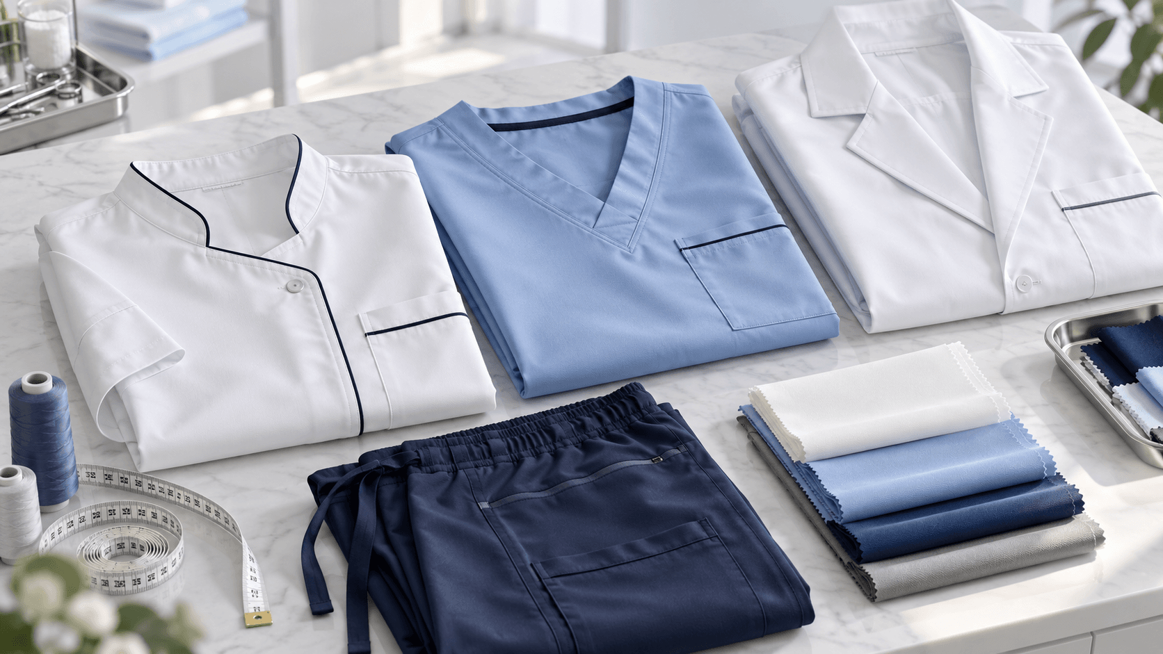 Tenues médicales sur mesure en textile blanc, bleu clair et bleu marine