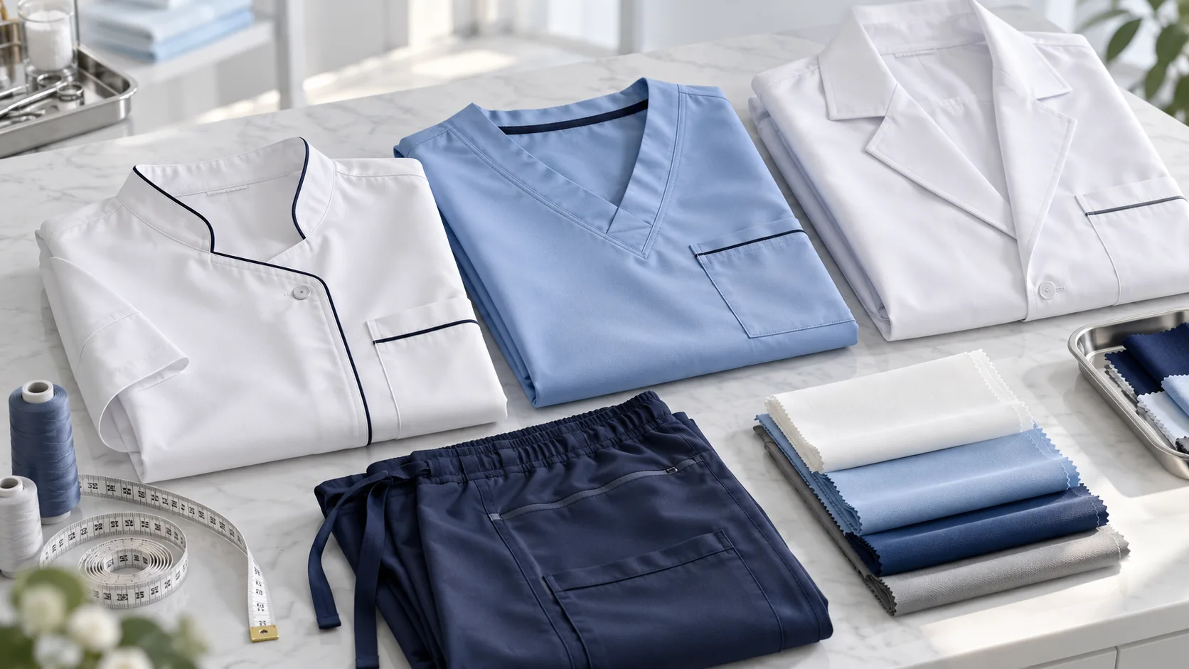 Tenues médicales sur mesure en textile blanc, bleu clair et bleu marine